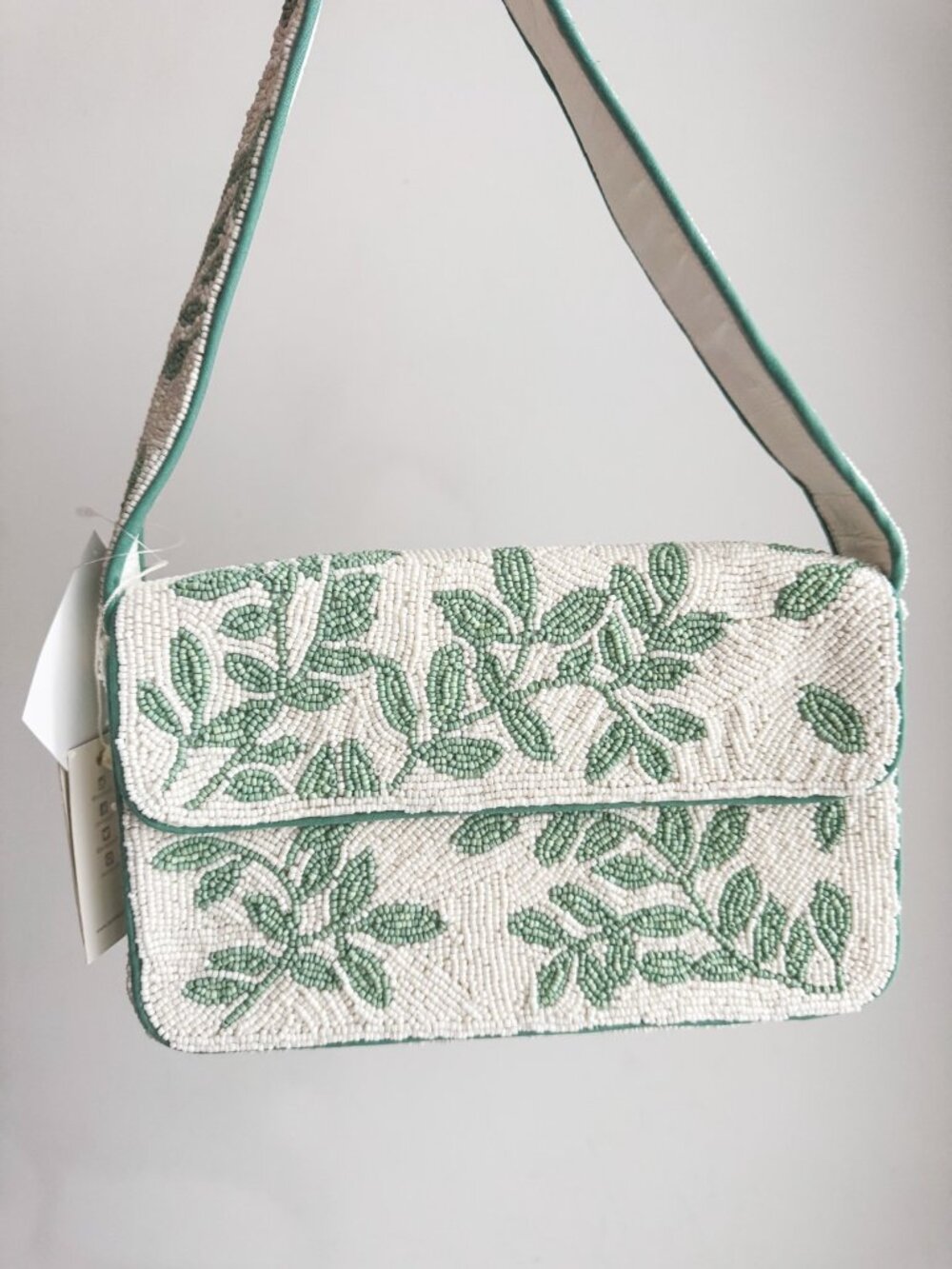Antik Craft Beaded Green Floral Shoulder Bag